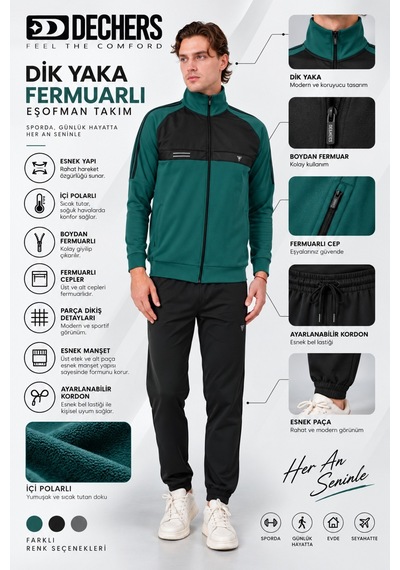 Dechers Erkek Gri Kışlık Dik Yaka Fermuarlı Dalgıç Kumaş İçi Pamuklu Regular Fit Eşofman Takım - E227 Dechers Erkek Gri Kışlık Dik Yaka Fermuarlı Dalgıç Kumaş İçi Pamuklu Regular Fit Eşofman Takım - E227