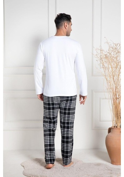 Mecit Pijama Mecit 3082 Erkek Beyaz Ekoseli Büyük Beden Pijama Takımı Beyaz