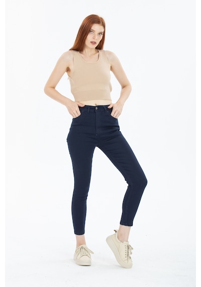 Koyu Mavi Yüksek Bel Toparlayıcı Dar Paça Skinny Power Likralı Kot Pantalon Koyu Mavi
