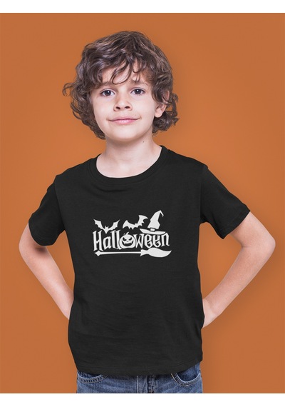 Bumeta Halloween Yarasa Balkabağı Cadı Şapkası Ve Süpürge Çocuk Tişört T-shirt Siyah