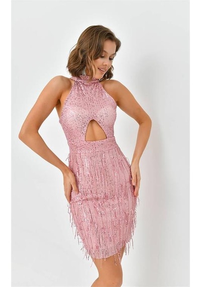 Dip Moda Kadın Mini Pul Payet Saçaklı Abiye Elbise Nbswll05 Pudra