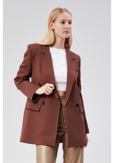 Kahverengi Regular Astarlı Kruvaze Kapama Dokuma Oversize Blazer Ceket 001