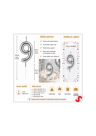 9 Rakam Mum Gümüş - 10 Cm
