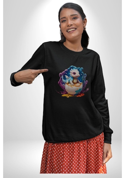 Sevimli Bebek Ejderha Elmas Yumurta Unisex Siyah Baskılı Sweatshirt Siyah