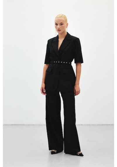 Sateen Bol Paça Keten Pantolon - Siyah-136411 Siyah