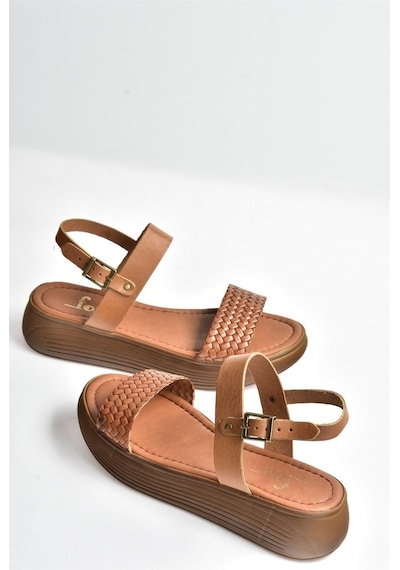 Fox Shoes Taba Hakiki Deri Örgü Modelli Günlük Kadın Sandalet