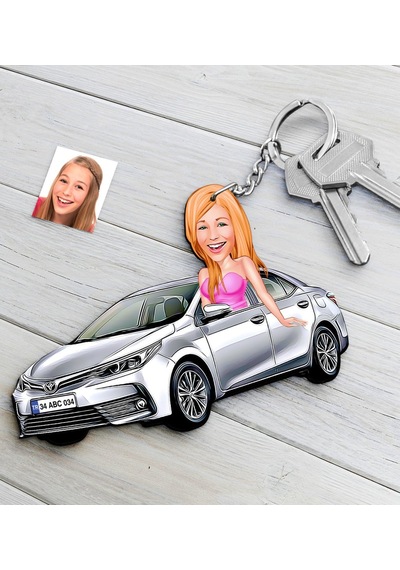 Kişiye Özel Bayan Toyota Corolla Figürlü Plakalı Ahşap Karikatür