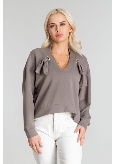 Kadın Modal Cupra Kumaş Kuşgözü Kordonlu Sweatshirt Gri