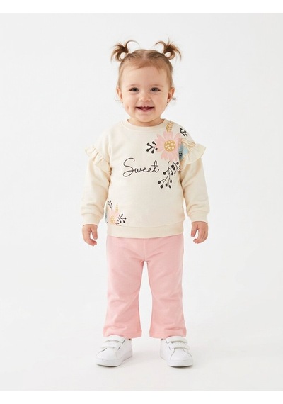 HelloBaby Pamuklu Fırfır Ve Çiçek Detaylı 2li Kız Bebek Takım Pembe
