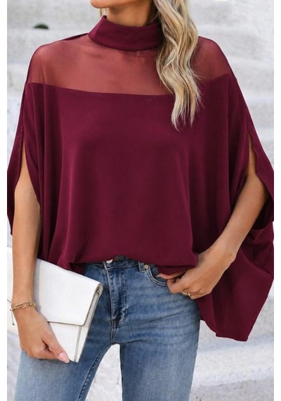 Butik İstanbul Kadın Balıkçı Yaka Tül Detaylı Yanlardan Açık Geniş Kesimli Sandy Bluz Bordo