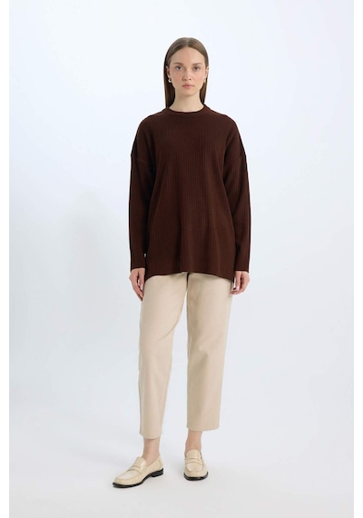 DeFacto Relax Fit Bisiklet Yaka Basic Düz Triko Tunik Kazak E2938AX24WNBN320 Kahve