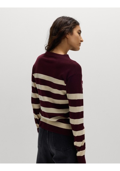 Marks & Spencer Air-yarn Çizgili Yuvarlak Yaka Triko Kazak Bordo