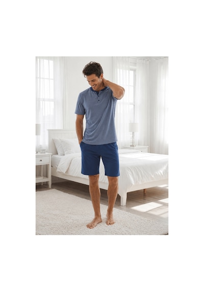 Pijamask Erkek İndigo Mavi Düğmeli Yaka Pamuklu Şortlu Pijama Takımı Kısa Kollu Yazlık Ev Giyim İndigo Mavi