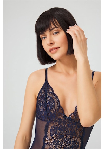 Cottonhill Lacivert Çıtçıtlı Dantelli Transparan Balensiz Bodysuit Lacivert