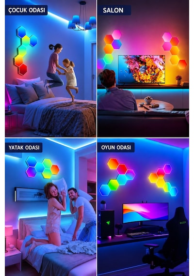 Hexagonel Oda Işığı Birleştirilebilir Rgb-ıc Telefon Ve Kumanda Kontrollü 8 Li