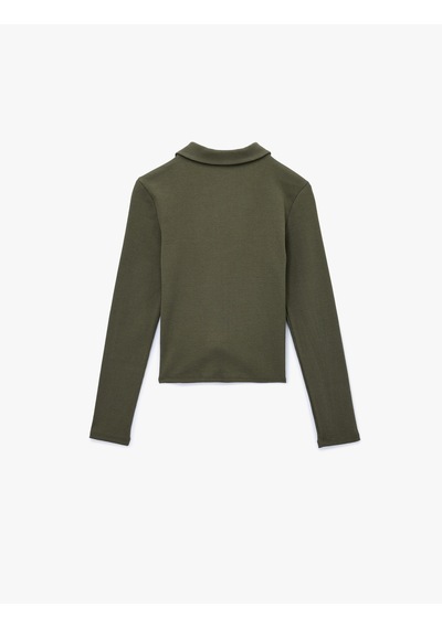 Koton Fermuarlı Slim Fit Gömlek Yaka Kaşkorse Uzun Kollu Tişört Haki 6wal10120ık Haki