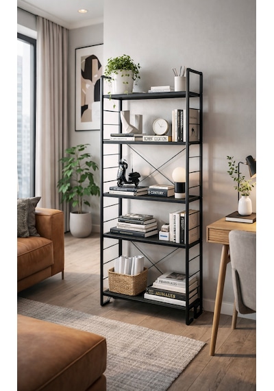 Dekoratif Siyah Metal Kitaplık 5 Raflı Çok Amaçlı Stand Salon Ve Çalışma Odası Düzenleyici Siyah