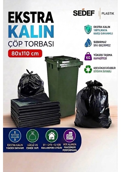 80x110 Cm Extra Kalın Siyah Endüstriyel Çöp Poşeti - 50 Adet / Ağır Hizmet Tipi