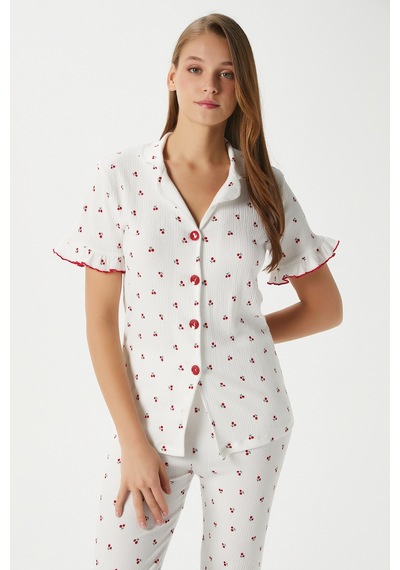 Ritnice Kadın Enda Fırfırlı Kiraz Desen Alt Üst Pijama Takımı Ekrukrımızı