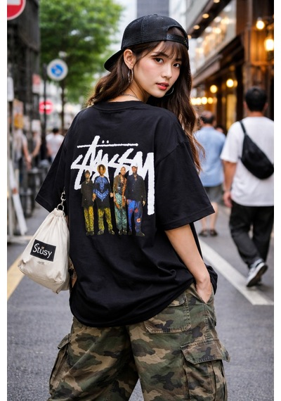 Unisex Stussy Man Sırt Baskılı Oversize Kalın Kumaş Bol Kalıp Unisex T-shirt Siyah