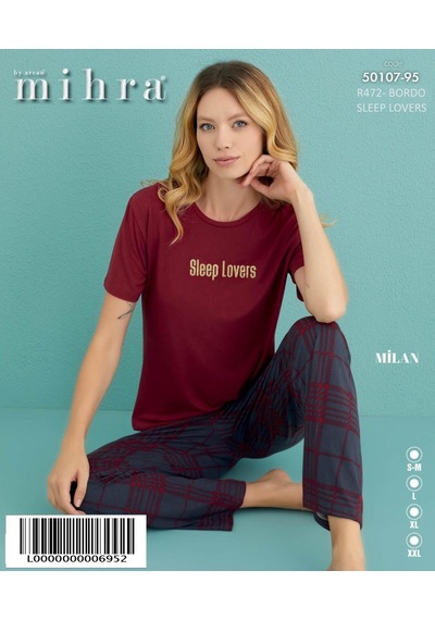 Mihra Kadın Bisiklet Yaka Milan Likralı Kısa Kol Pijama Takımı 50107/95 - 1 Adet Bordo