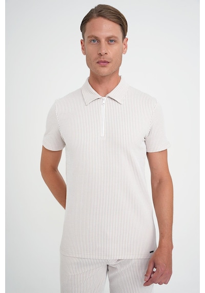 Efor Comfort Fit Fermuarlı Polo Yaka Dikine Çizgili Kısa Kol Bej Tişört Ts 906 Bej