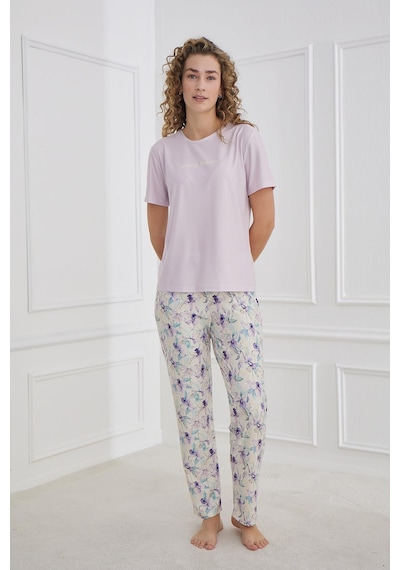 Kompedan Kadın Bisiklet Yaka Çiçek Desenli Pijama Takım Lila 30102-1168 LILA