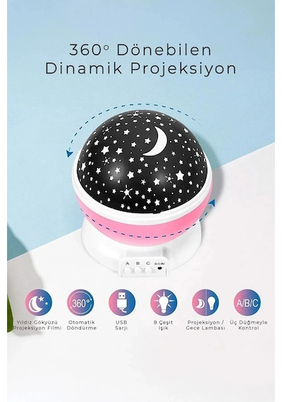 Dönen Masa Lambası Yansıtmalı Gece Lambası Işığı Gökyüzü Yıldızlı Projeksiyon Aydınlatma Elektronik