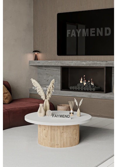 Faymend Kooky Modern Yuvarlak Meşe - Beyaz Ahşap Orta Sehpa '70cm' Sarı