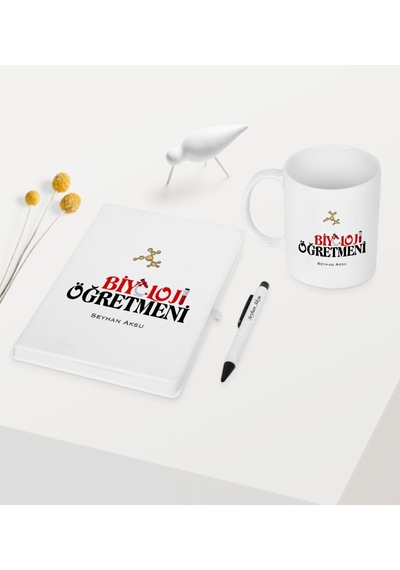 Kişiye Özel Biyoloji Öğretmeni Temalı Beyaz Defter Kalem Kupa Set