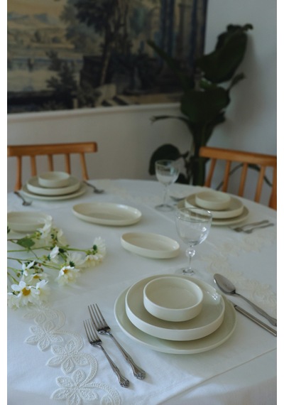 Akacihome Yaprak Güpürlü 4'lü Amerikan Servis& Runner Gardenya Keten Yıkanabilir Leke Tutmaz Premium Çeyiz Set Krem