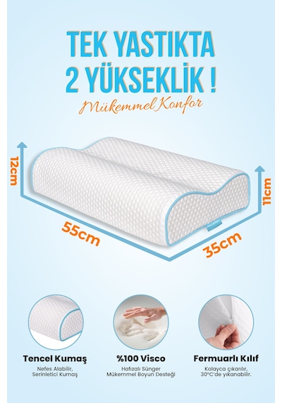 Viscofoam Çift Taraflı Yüksek Boyun Destekli Ortopedik Yastık Visco Yastık - 55x35x12-11cm