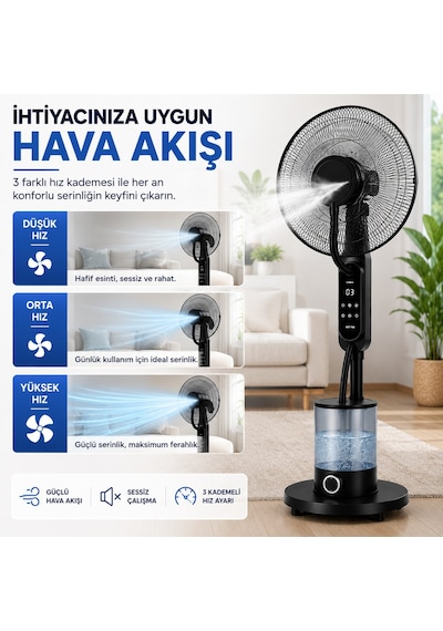 16 İnç Buharlı Vantilatör, 4l Su Hazneli Ayaklı Fan, Uzaktan Kumandalı, Led Ekranlı, 3 Hız Kademeli, 3 Modlu, Nemlendirici Özellikli, Salınımlı Sessiz Vantilatör