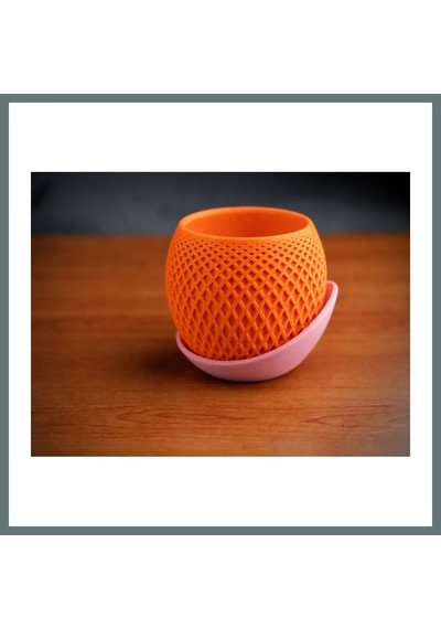 Bezos 3d Baskı Küre Saksı - Kafes Dokulu İki Parçalı Dekoratif Saksı - Turuncu-pembe Ventra Standart