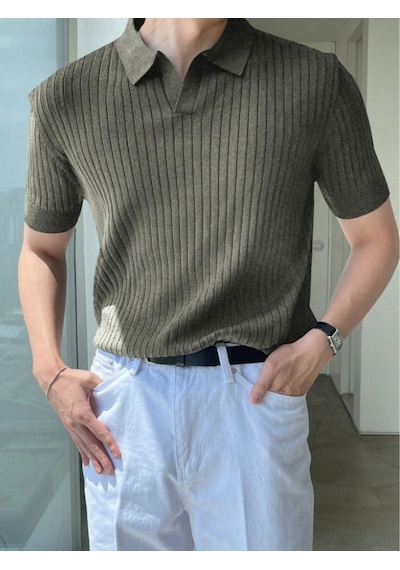 Erkek Fitilli Polo Yaka Triko T-shirt Gri