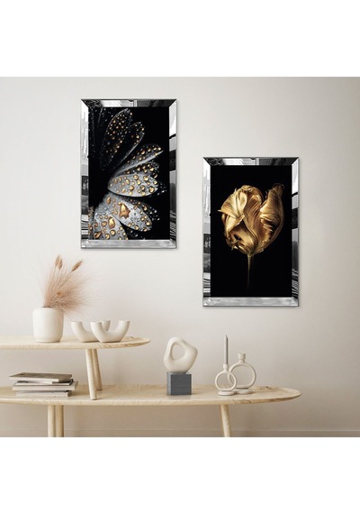 Gümüş Aynalı Pleksi Çerçeveli Gold Ve Gri Çiçek Ve Gold Su Damlacığı İkili Mdf Tablo Seti