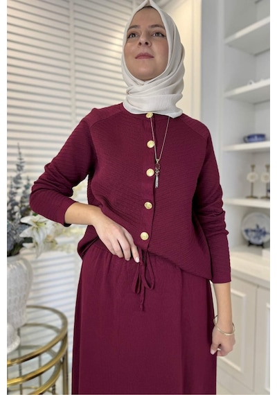 Rabia Şamlı Melis Çelik Örme Triko Takım Bordo Çok Renkli