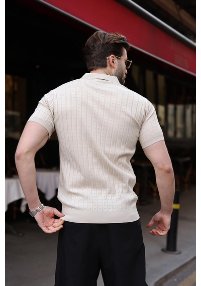 Taş Rengi Polo Yaka Slim Fit Triko Erkek Tişört E7465 Taş Rengi