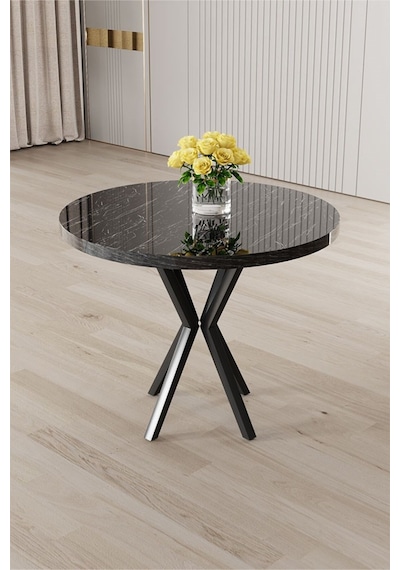 Canisa Agnes Serisi 90x90 Yuvarlak Siyah Mermer Desen Masa Masa Siyah Mermer Desen Ayaklar Siyah