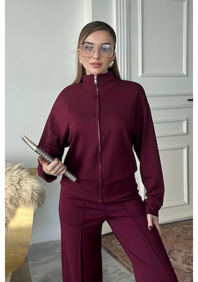 Balenbi Kadın Modal Kumaş Fermuarlı Dik Yaka Takım 1118 Bordo