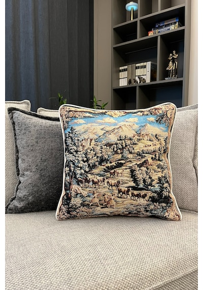 Kırlent Kılıfı Goblen Dokuma Kumaş - 45x45cm Çift Taraflı Biyeli Dekoratif Kırlent Kılıfı - Vs-304 Bej Renk Uyumlu Çok Amaçlı Yastık Minder