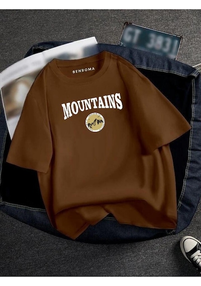 Oversıze Mountaıns Baskılı Unısex Tisort Baskılı Kahverengi