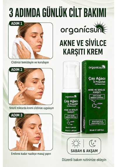 Organicsun Çay Ağacı Ve Propolisli Akne Ve Sivilce Karşıtı Cilt Bakım Kremi Siyah Nokta Ve Leke Görünümü Bakımı 50 Ml