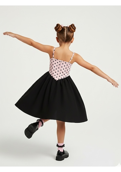 Denokids Kız Çocuk Elbise Pamuk Pembe Siyah Puantiyeli İlkbahar Yaz Sezonu 5-8 Yaş Çok Renkli