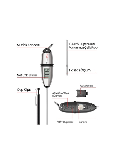 ThermoPro TP02S Lcd Ekranlı Daldırma/Saplama Çelik Gövdeli Gıda Pişirme Termometresi
