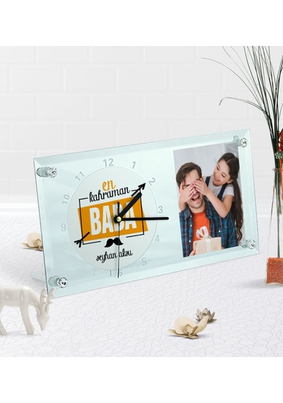 Kişiye Özel Fotoğraflı En Kahraman Baba Masaüstü Cam Saat