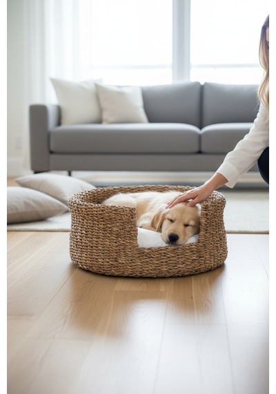 Akayev Nature Hasır Yuvarlak Kedi Ve Köpek Yatağı Minderli 45 Cm