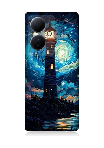 Vivo V29 Lite Uyumlu Ay Işığında Yalnız Deniz Feneri Desenli Silikon Kılıf