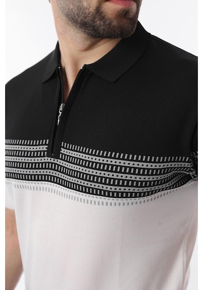 Madmext Siyah Fermuarlı Polo Yaka Desenli Erkek T-shirt E7296 Siyah