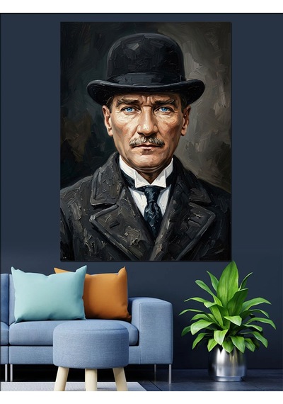 Melon Şapkalı Mustafa Kemal Atatürk Portresi Dekoratif Kanvas - Mdf Ahşap Tablo Çok Renkli